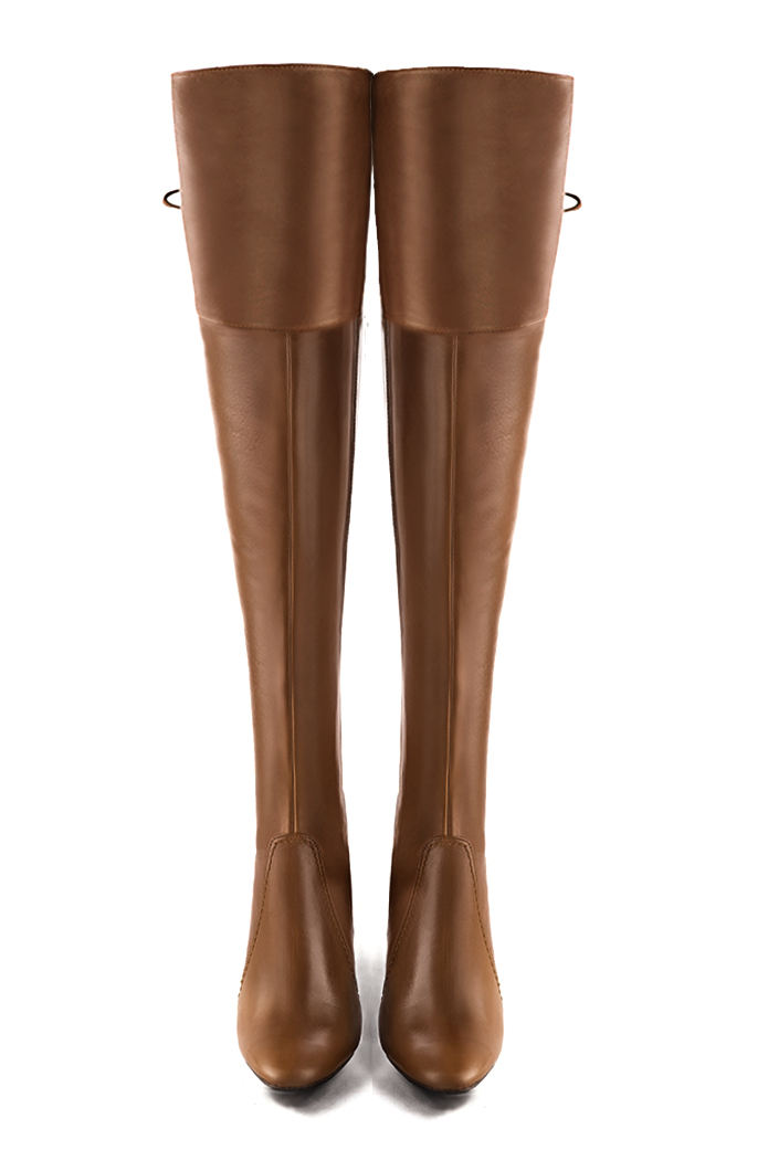 Caramel brown women's leather thigh-high boots. Round toe. High block heels. Made to measure. Top view - Florence KOOIJMAN